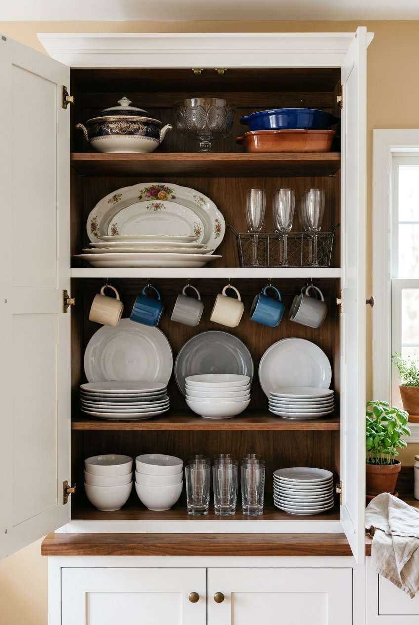 Kitchen cabinet organized by frequency of use with everyday items at eye level